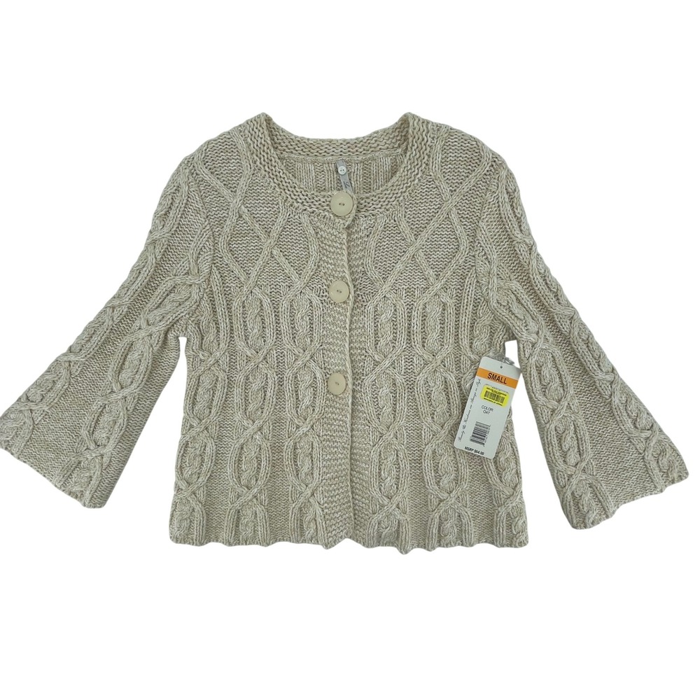 NWT Womens Cable Knit Cropped Cardigan Sweater Sz Small Oat Beige Chunky Neutral